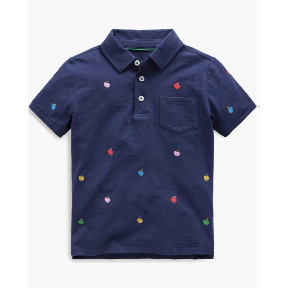 Mini Boden Navy Polo Shirt Embroidered Multicolor Fruits Apples‎ 9-10Y Cotton